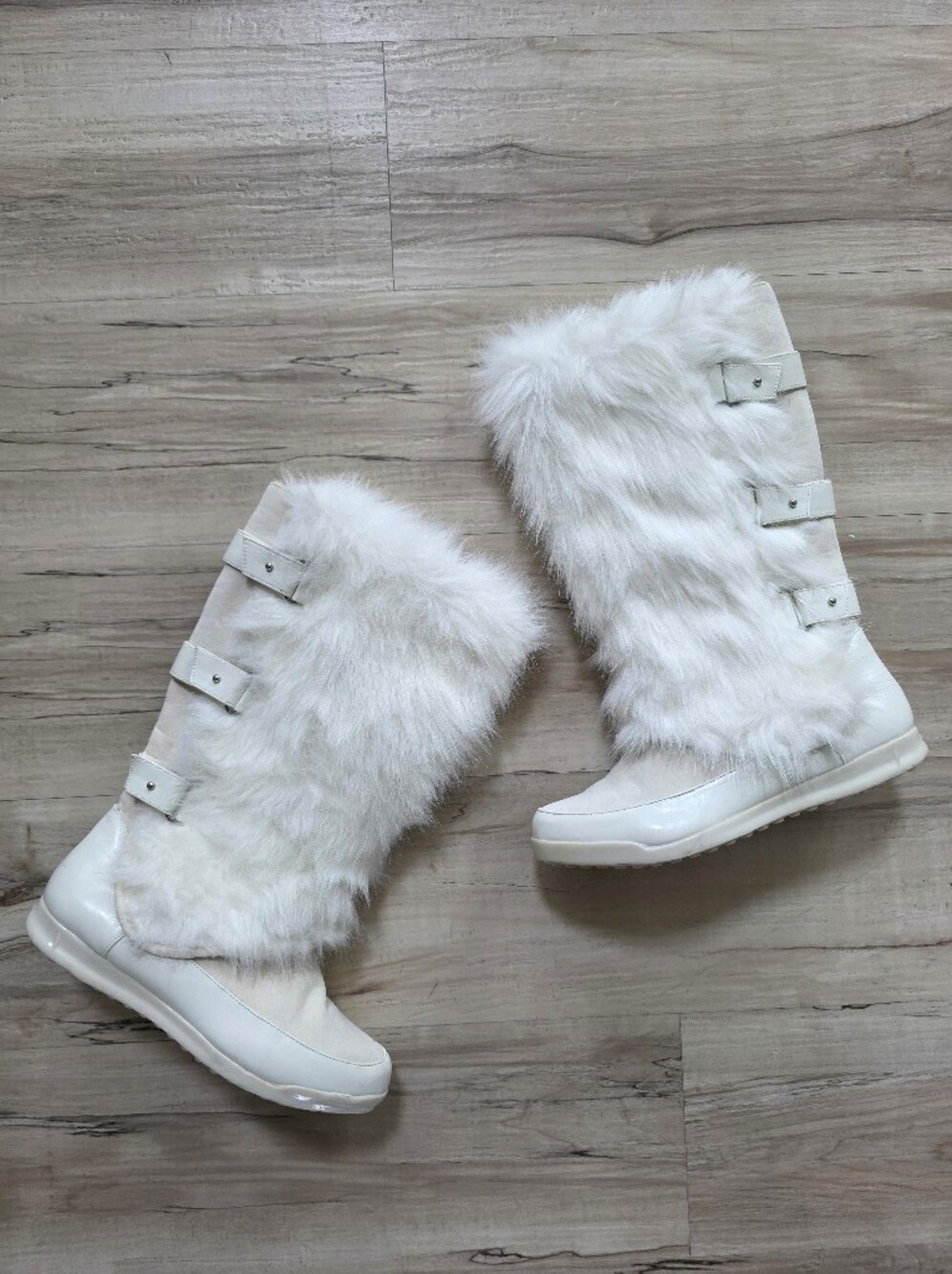 Vtg Baby Phat White Faux Fur Mid-Calf Winter Boots Y2K McBling 8.5M Apres